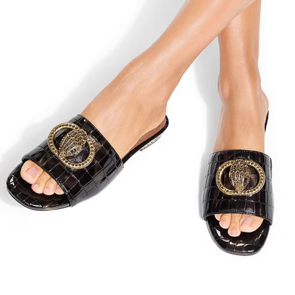 New Kurt Geiger London Chelsea Crocodile Tortoise Crystal slides gold brown 8.5